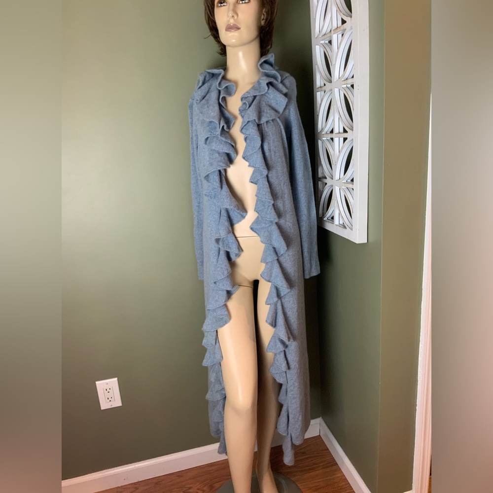 Ralph Lauren black label 100% Cashmere Soft Blue Knit ruffled duster medium - Picture 2 of 8